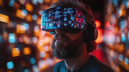 Man wearing VR headset in a digital environment.