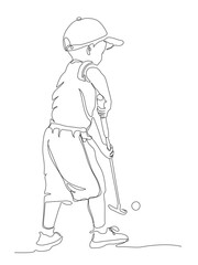 Boy playing children golf holding stick. Continuous line drawing. Black and white vector illustration in line art style.