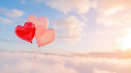 Obraz premium Three heart-shaped balloons float against a dreamy sky, evoking love and joy in a serene atmosphere.