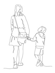 Mother with child son walking away. Looking at each other. Back view. Continuous line drawing. Black and white vector illustration in line art style.