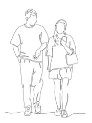 Man and woman talking. Couple walking. Woman holding phone. Continuous line drawing. Black and white vector illustration in line art style.