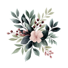Watercolor floral bouquet featuring pink flowers, green leaves, and red berries in a vibrant and artistic arrangement. Isolated on transparent background, png.