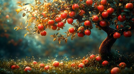 Abundant red apples on a tree in a sunlit orchard.