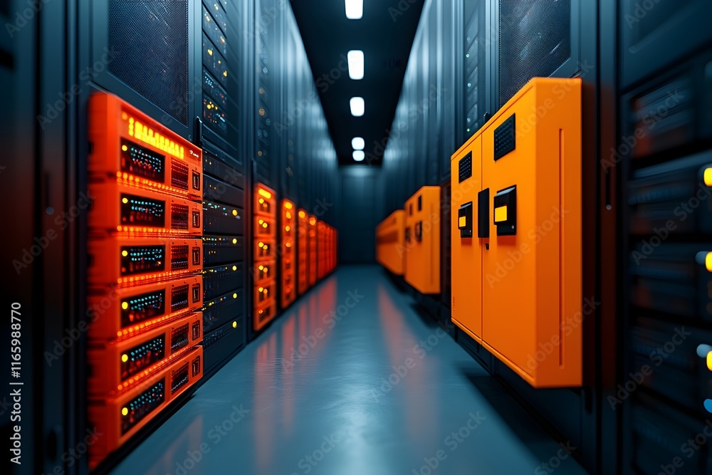 Poster futuristic subterranean digital archives showcasing towering server racks glowing data storage array