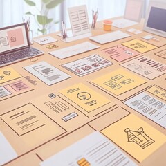 Obraz premium Cozy Workspace with Colorful Sticky Notes and Digital Devices on a Bright Desk, Ideal for Creativity and Productivity in Modern Office Settings