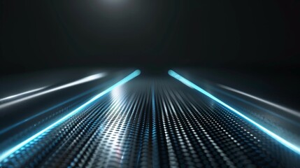 Futuristic metallic floor with glowing blue lights leading towards a bright spot in a dark environment, perfect for technology or sci fi backgrounds