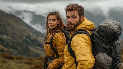 A young couple equipped for hiking stands amidst a stunning mountain landscape, symbolizing adventure, strength, and companionship in the great outdoors.
