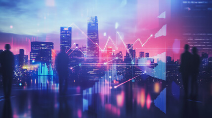 Abstract business team stands on the peak of success amid tall, innovative Smart city and graphs with statistics to analyze business potential and predict future developments in company growth.