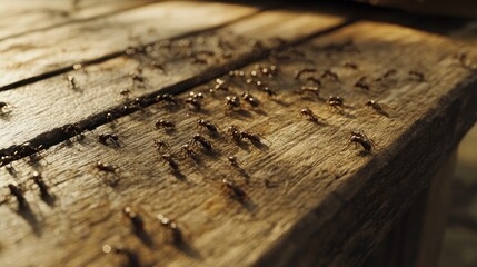 Close-up of numerous ants crawling on weathered wooden planks in sunlight.