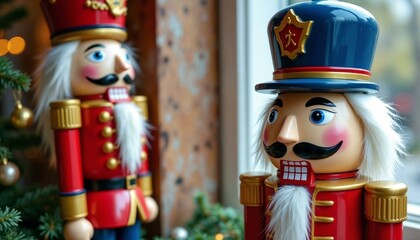 Festive nutcracker toy with vibrant red and blue tones and ornate gold accents