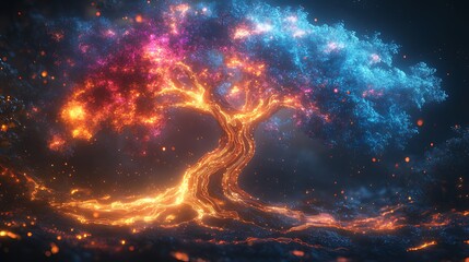 Naklejka premium Fiery and icy energy tree glowing in dark night.