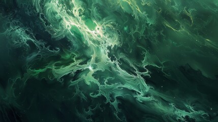 Obraz premium Green nebula cloudscape wallpaper, an artistic representation of cosmic dust and gas creating a mesmerizing interstellar scene
