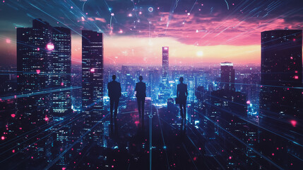 Fototapeta premium Abstract business team stands on the peak of success amid tall, innovative Smart city and graphs with statistics to analyze business potential and predict future developments in company growth.