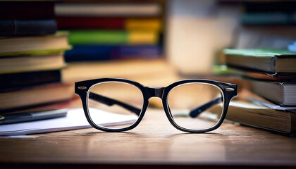 Close-up of eyeglasses resting on a wooden desk amidst stacks of books.  Perfect for concepts of education, reading, knowledge, or intellectual pursuits. Ideal for websites, blogs, or print media.