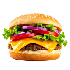 Delicious cheeseburger with onion and tomato isolated on transparent background