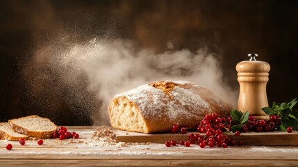 A loaf of freshly baked bread surrounded by flour and decorative peppercorns evokes a rustic charm and culinary delight, perfect for highlighting home cooking experiences.