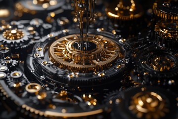 Fototapeta premium Intricate gold and black gears in motion showcasing precision engineering at close range