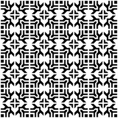 Seamless black and white geometric pattern, featuring a symmetrical design with abstract shapes. Suitable for backgrounds, wallpapers, textiles, fabrics and various creative projects.