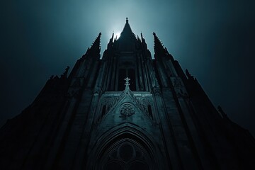 Majestic gothic cathedral silhouette against a moonlit sky at night