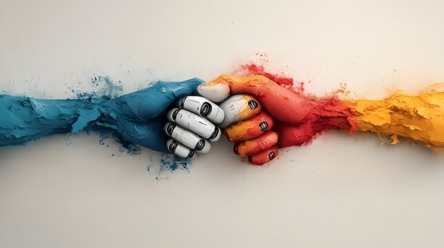 Intertwined fingers of a human and humanoid robot symbolizing their symbiotic relationship and shared sense of purpose portrayed in a vibrant