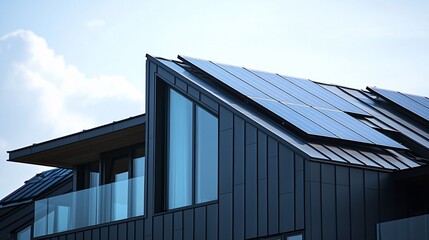 Modern house with solar panels on roof.