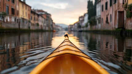 At dusk, a golden-hued landscape reflects on tranquil waters as a kayak glides through, capturing the serenity of nature amidst the unfolding beauty of the sunset.