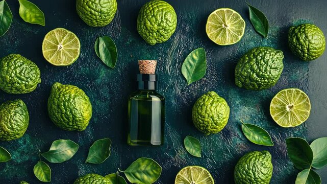 Bergamot essential oil in a bottle. Selective focus. Nature.