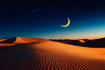 A crescent moon and star shining over a peaceful desert scene, symbolizing the start of Ramadan under a clear night sky