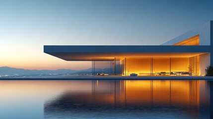 Modern minimalist house with infinity pool at sunset.