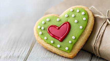Heart-shaped cookie with green icing, decorated with a red heart and white dots, resting on a rustic surface wrapped in brown paper.
