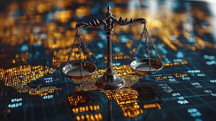 Scales of justice on a digital world map.