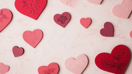 Colorful Heart-Shaped Decorations with Various Textures and Designs Perfect for Romantic Themes and Celebrations on a Soft Pink Background