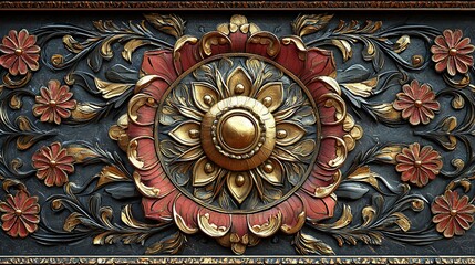 Fototapeta premium Intricate gold and red floral relief carving on dark background.