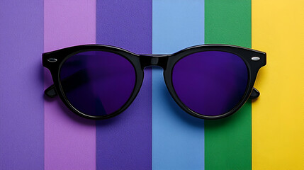 Sunglasses with purple lenses displayed on colorful striped background.
