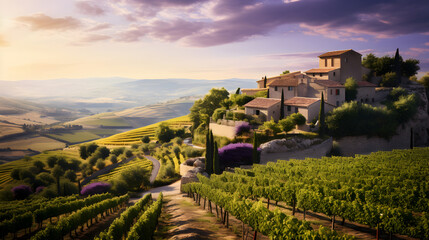 Enchanting Panorama of a Tranquil French Countryside Adorned with Lavender Fields, Vineyards, and Quaint Stone Houses