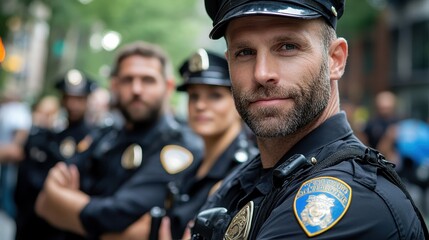 A group of focused police officers stands alert in an urban environment, demonstrating their commitment to public safety and readiness to assist the community with professionalism.
