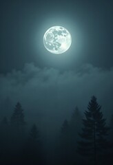 Eerie full moon over misty forest with mysterious mood and silhouettes of trees