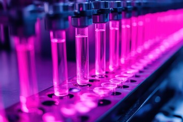 Vibrant laboratory setup with test tubes illuminated by pink light during scientific research