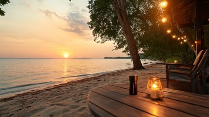 This picturesque beach scene features a stunning sunset with soft lighting, creating a serene atmosphere perfect for relaxation and reflection.