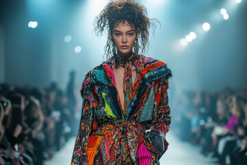 Fototapeta premium Runway model in vibrant avant-garde outfit
