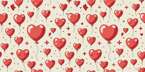 The Cute Red Heart Balloon Flying Shimmering Star Seamless Pattern
