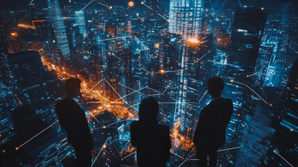 Fototapeta premium Abstract business team stands on the peak of success amid tall, innovative Smart city and graphs with statistics to analyze business potential and predict future developments in company growth.