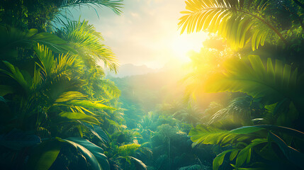 Naklejka premium Lush tropical rainforest bathed in golden sunlight, vibrant green foliage, jungle paradise, serene nature scene.