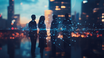Fototapeta premium Abstract business team stands on the peak of success amid tall, innovative Smart city and graphs with statistics to analyze business potential and predict future developments in company growth.