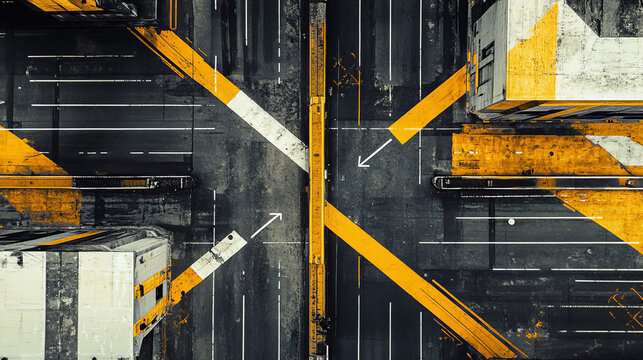 Top view of car park lots on city street or underground garage. Vector background of empty parking with white and yellow lines road marking on black asphalt surface