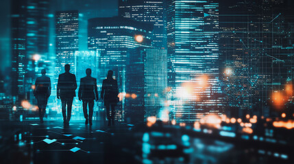 Fototapeta premium Abstract business team stands on the peak of success amid tall, innovative Smart city and graphs with statistics to analyze business potential and predict future developments in company growth.