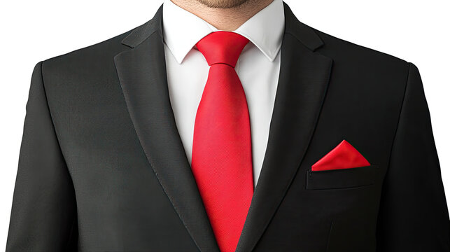 black coat with red tie