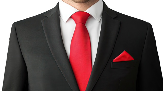 Businessman black suit with red tie and white shirt isolated on white transparent background