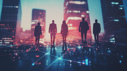 Fototapeta premium Abstract business team stands on the peak of success amid tall, innovative Smart city and graphs with statistics to analyze business potential and predict future developments in company growth.