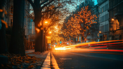 City street with park and buildings behind fence at night. Vector cartoon illustration of summer landscape with road, street lights, trees, bushes and skyscrapers on horizon